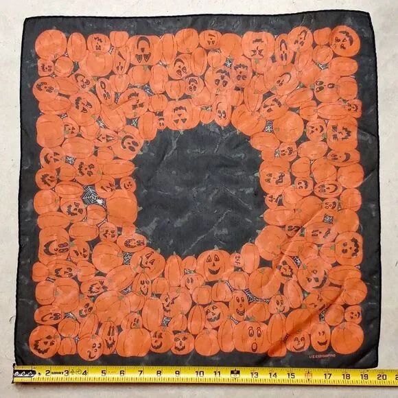 Vintage Liz Claiborne Halloween Jack-o-Lantern Pumpkins 20" x 20" Sheer Scarf - Picture 6 of 6